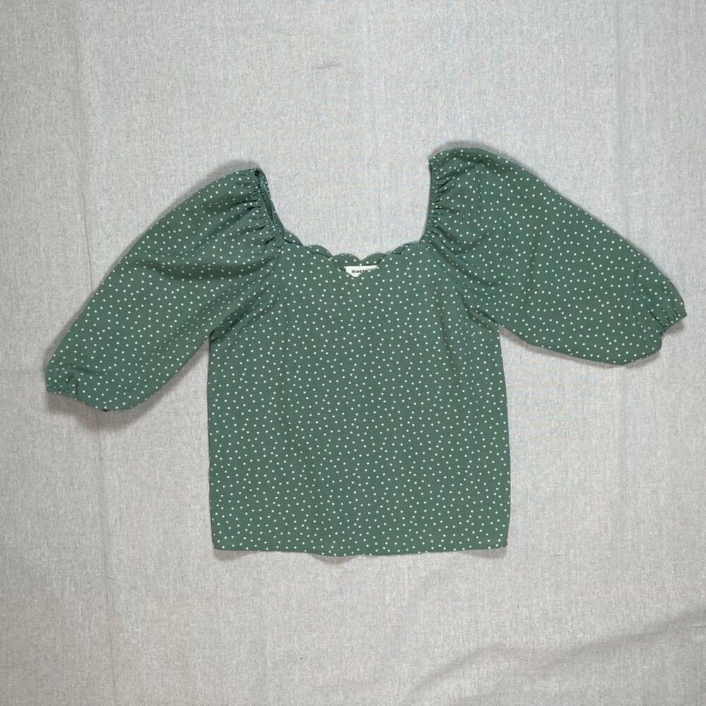 Monteau Los Angeles | Sage Green Polka Dot Peasant Top | Small